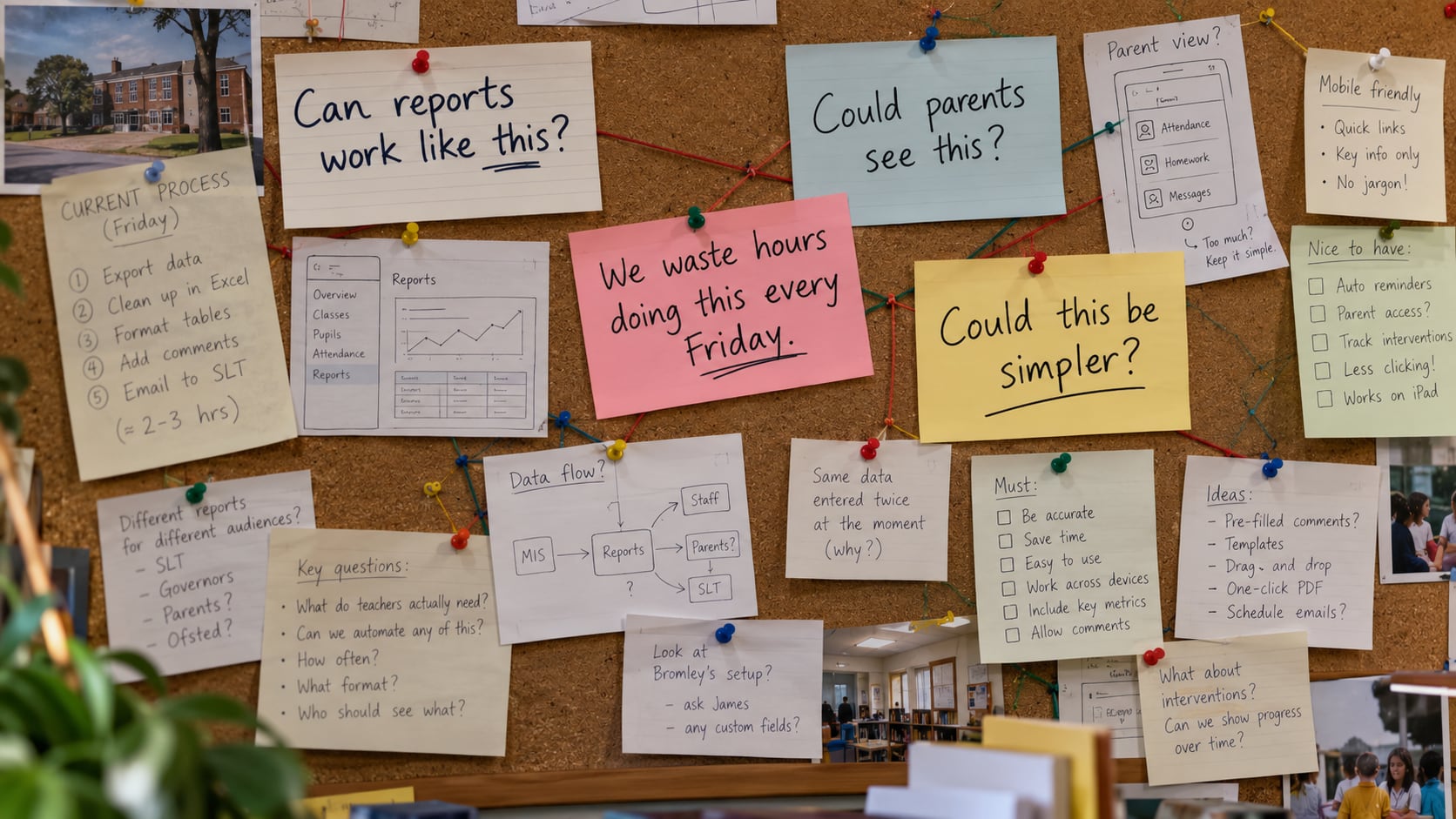 A noticeboard covered in handwritten notes and questions about how school reporting could work better