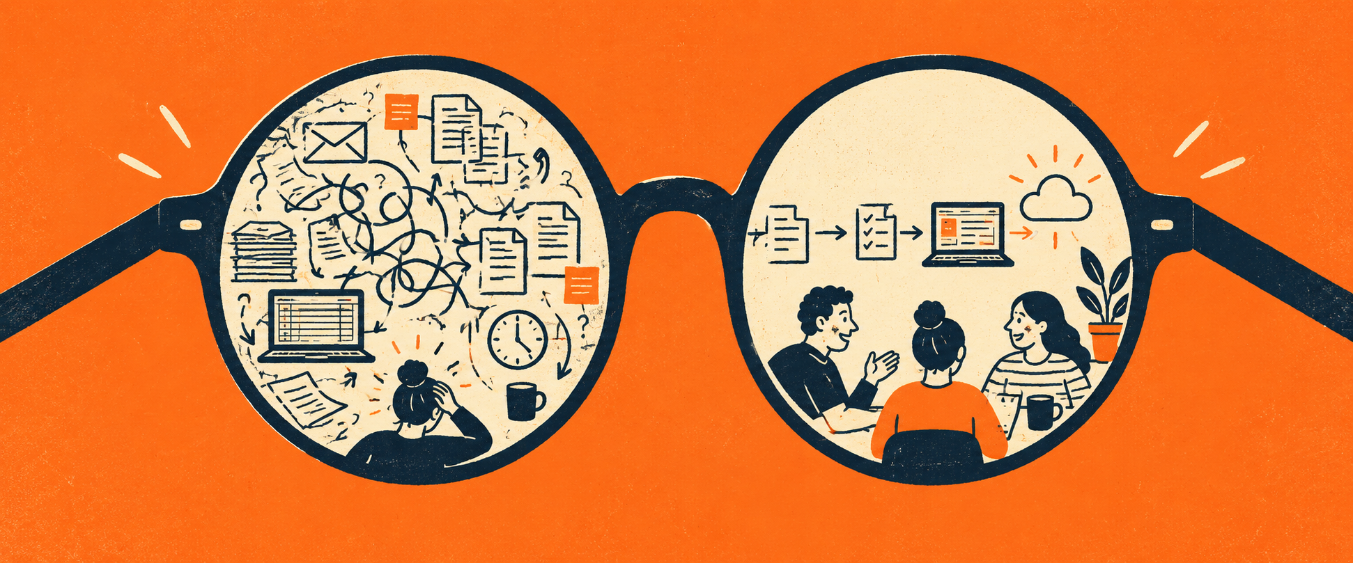 A pair of glasses: one lens shows tangled emails, spreadsheets and a stressed worker, the other a simple workflow and a relaxed team talking